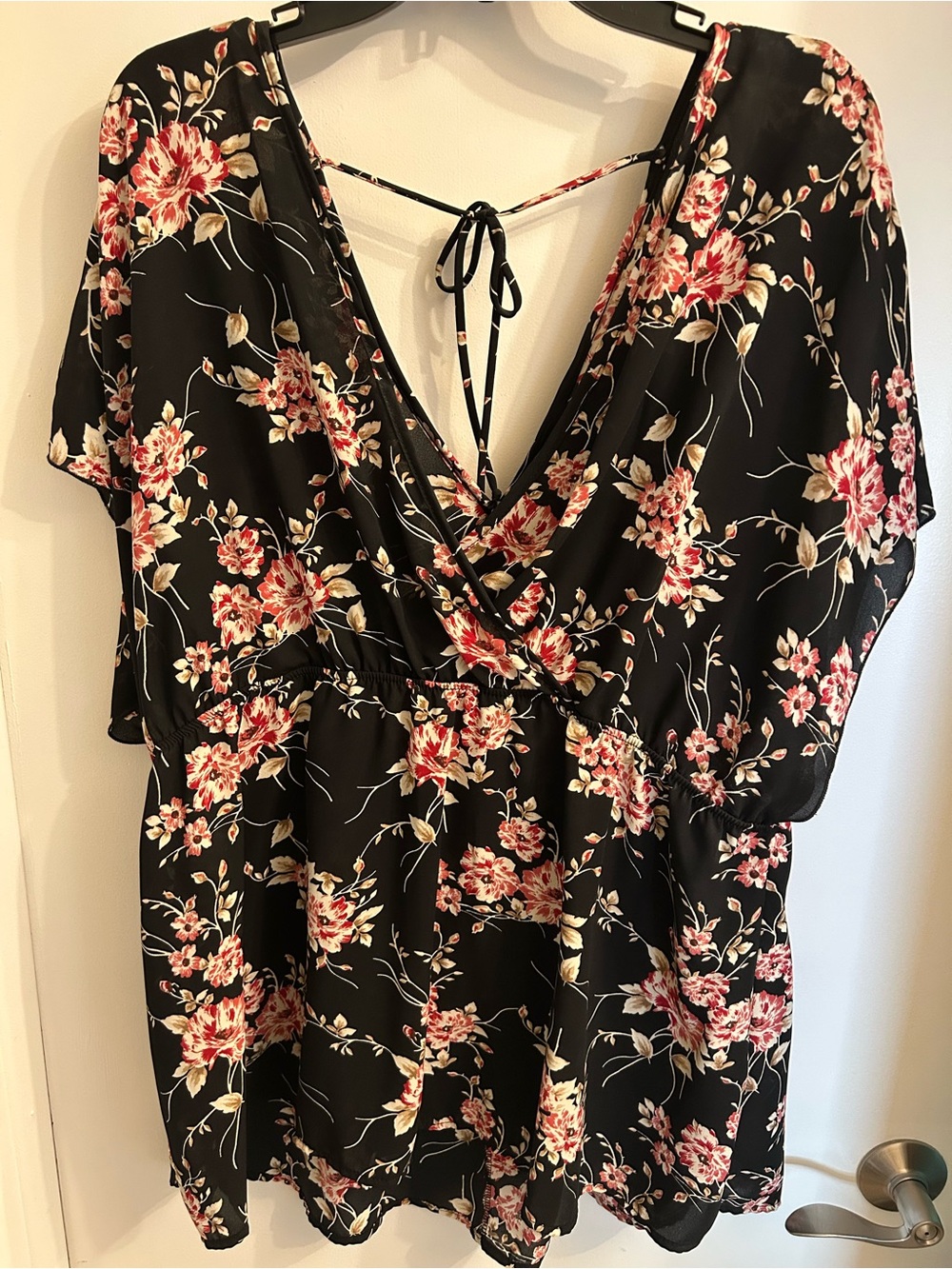 torrid Black Floral Wrap Blouse with Pink and Cream Accents